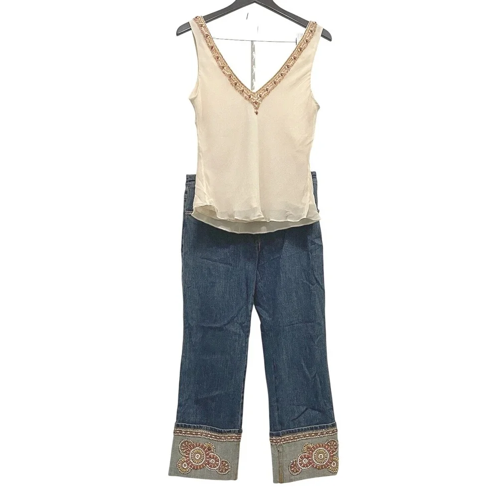 Vintage NWT Cache Beaded Set Y2K Coastal Resort Beachy Boho Jeans Sz 8‎ Tank L